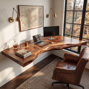 Floating Corner Live Edge Solid Wood Desk For Home Office