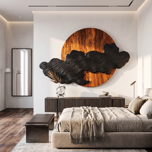 Wall Art Solid Wood Silent Eclipse with Flowing Black Cloud Layers