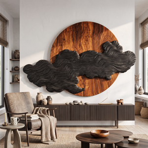 Wall Art Solid Wood Silent Eclipse with Flowing Black Cloud Layers
