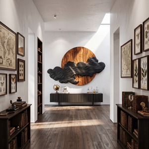 Wall Art Solid Wood Silent Eclipse with Flowing Black Cloud Layers