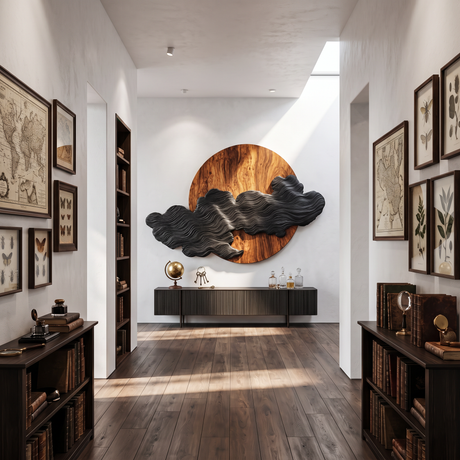 Wall Art Solid Wood Silent Eclipse with Flowing Black Cloud Layers