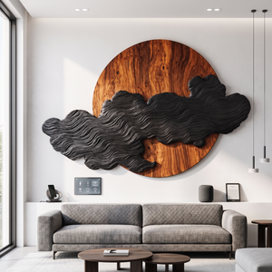 Wall Art Solid Wood Silent Eclipse with Flowing Black Cloud Layers