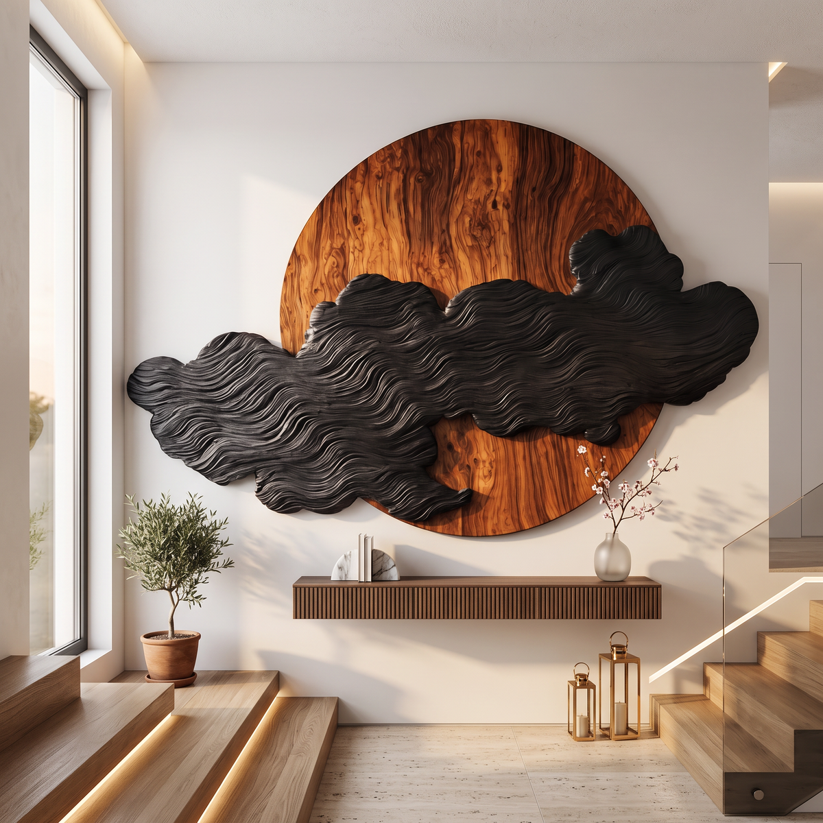 Wall Art Solid Wood Silent Eclipse with Flowing Black Cloud Layers