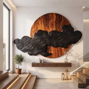 Wall Art Solid Wood Silent Eclipse with Flowing Black Cloud Layers