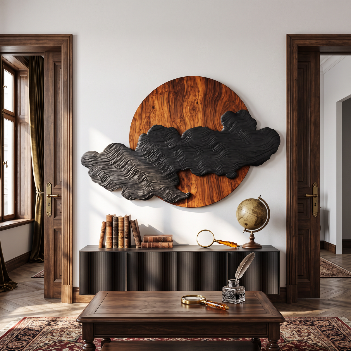 Wall Art Solid Wood Silent Eclipse with Flowing Black Cloud Layers