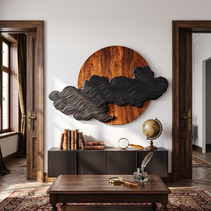 Wall Art Solid Wood Silent Eclipse with Flowing Black Cloud Layers