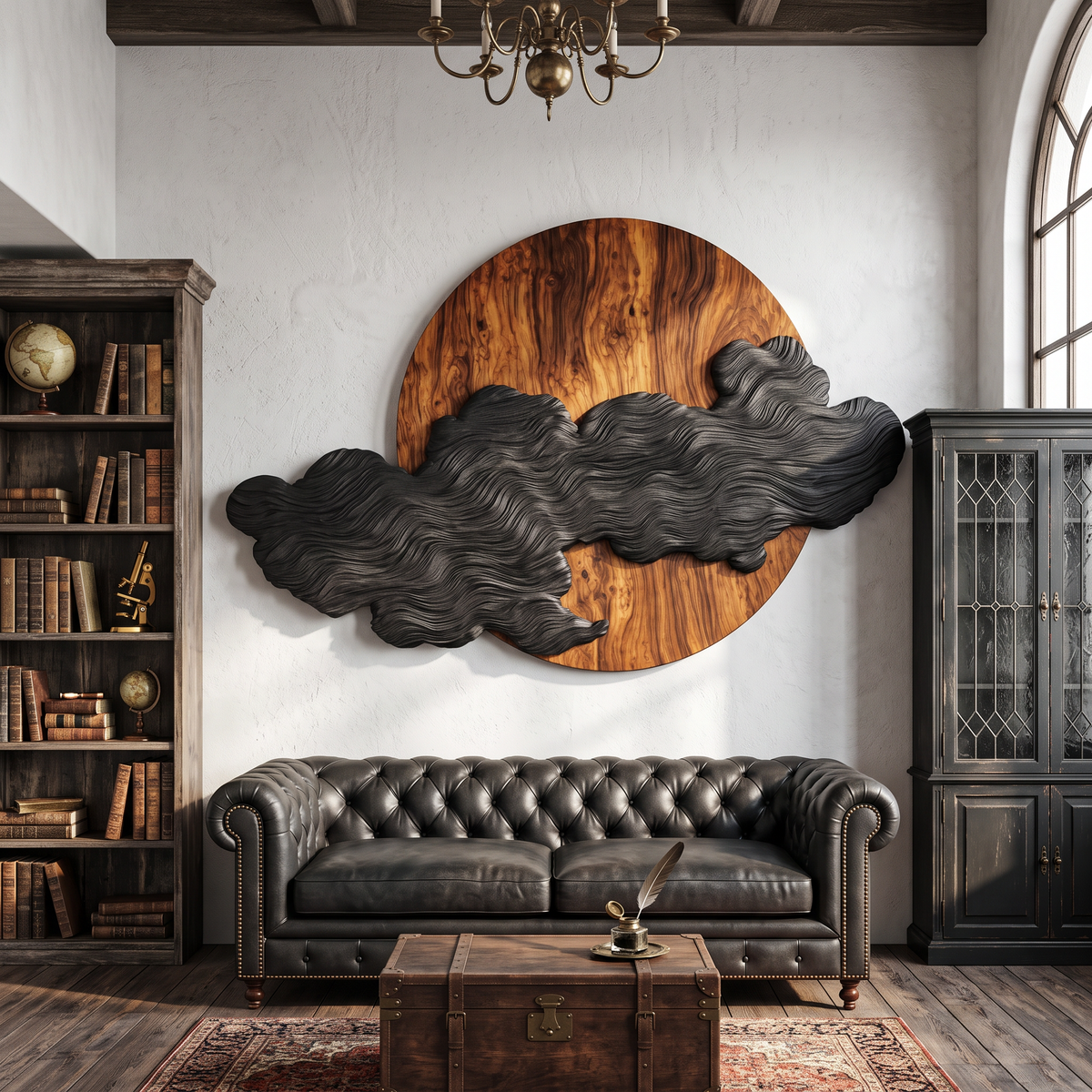 Wall Art Solid Wood Silent Eclipse with Flowing Black Cloud Layers