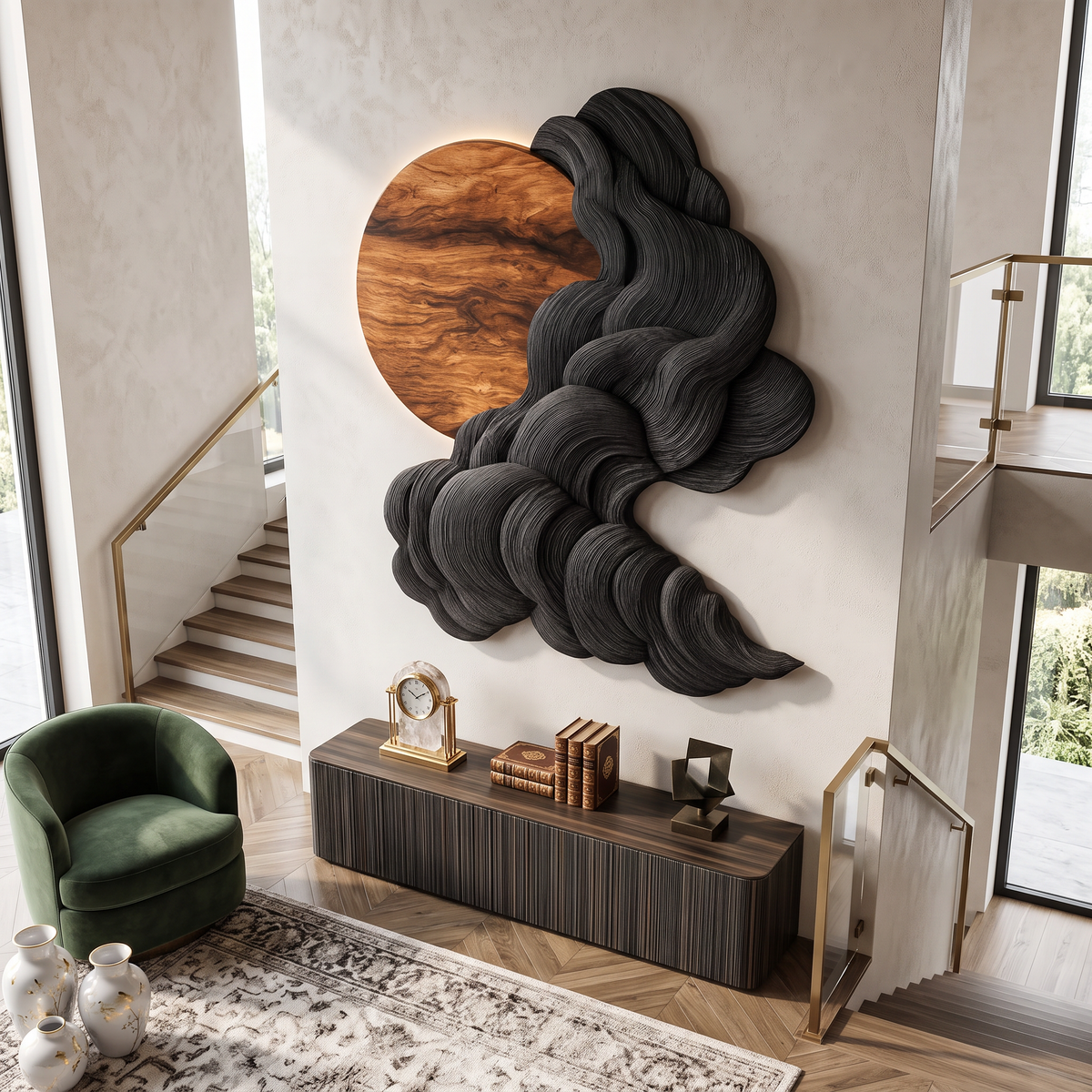 Wall Sculpture Solid Wood with Black Flowing Cloud Layers and Natural Wood Sun Design