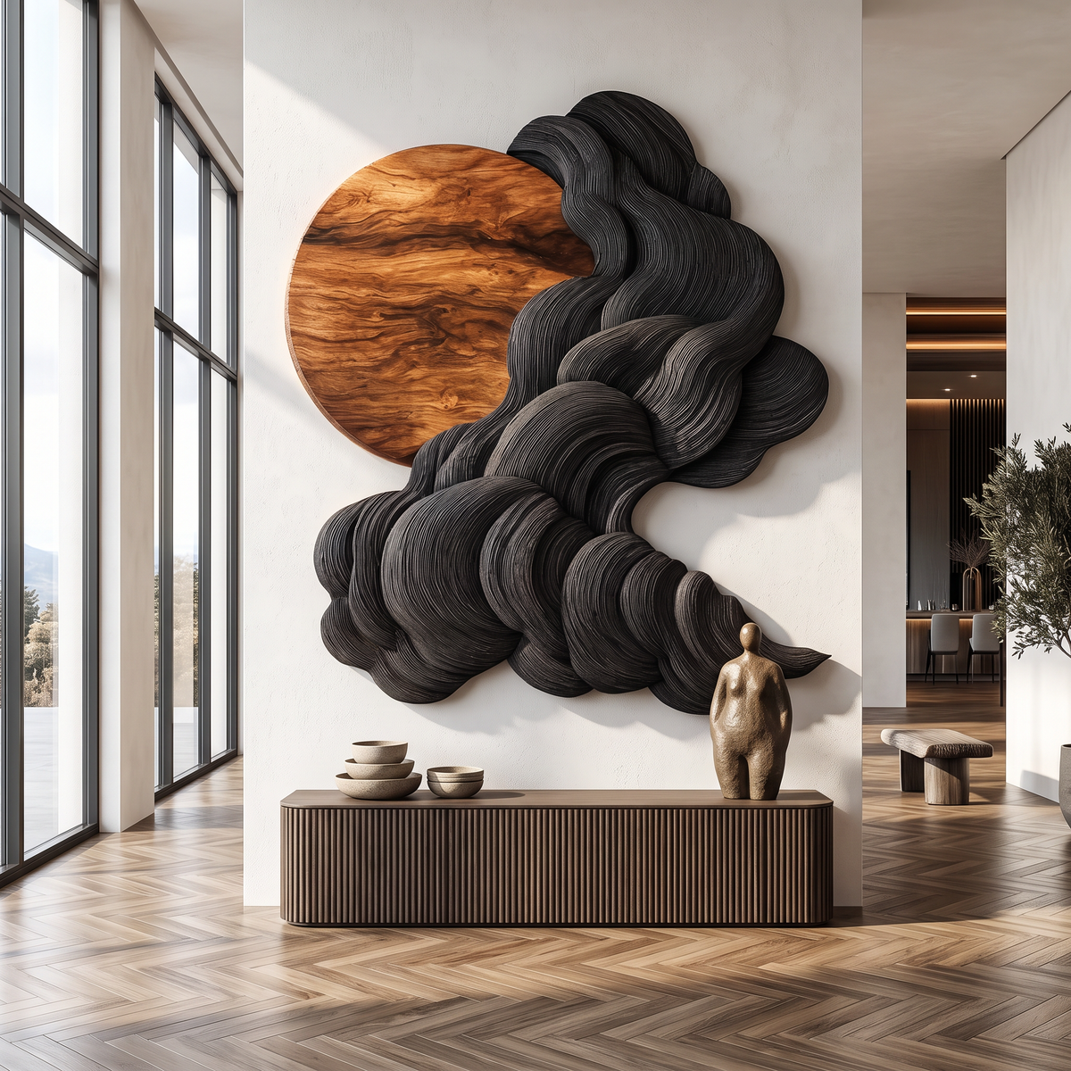 Wall Sculpture Solid Wood with Black Flowing Cloud Layers and Natural Wood Sun Design