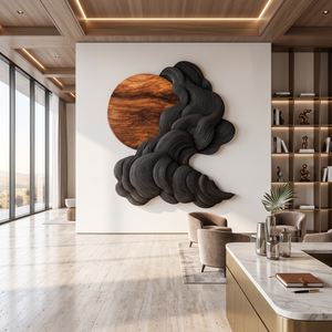 Wall Sculpture Solid Wood with Black Flowing Cloud Layers and Natural Wood Sun Design