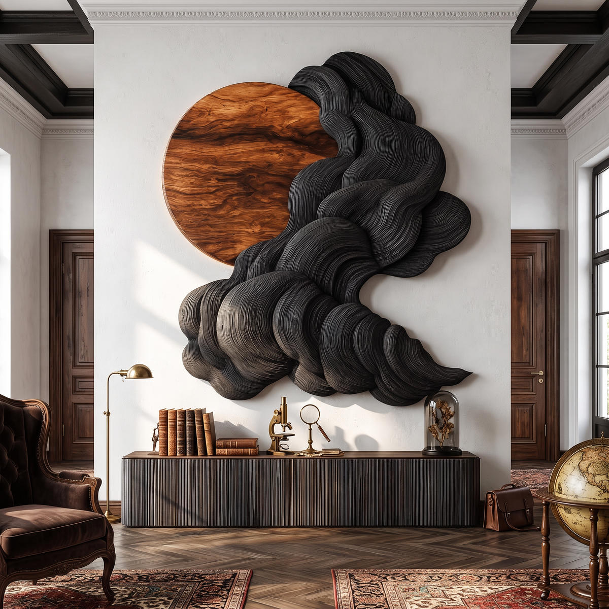 Wall Sculpture Solid Wood with Black Flowing Cloud Layers and Natural Wood Sun Design