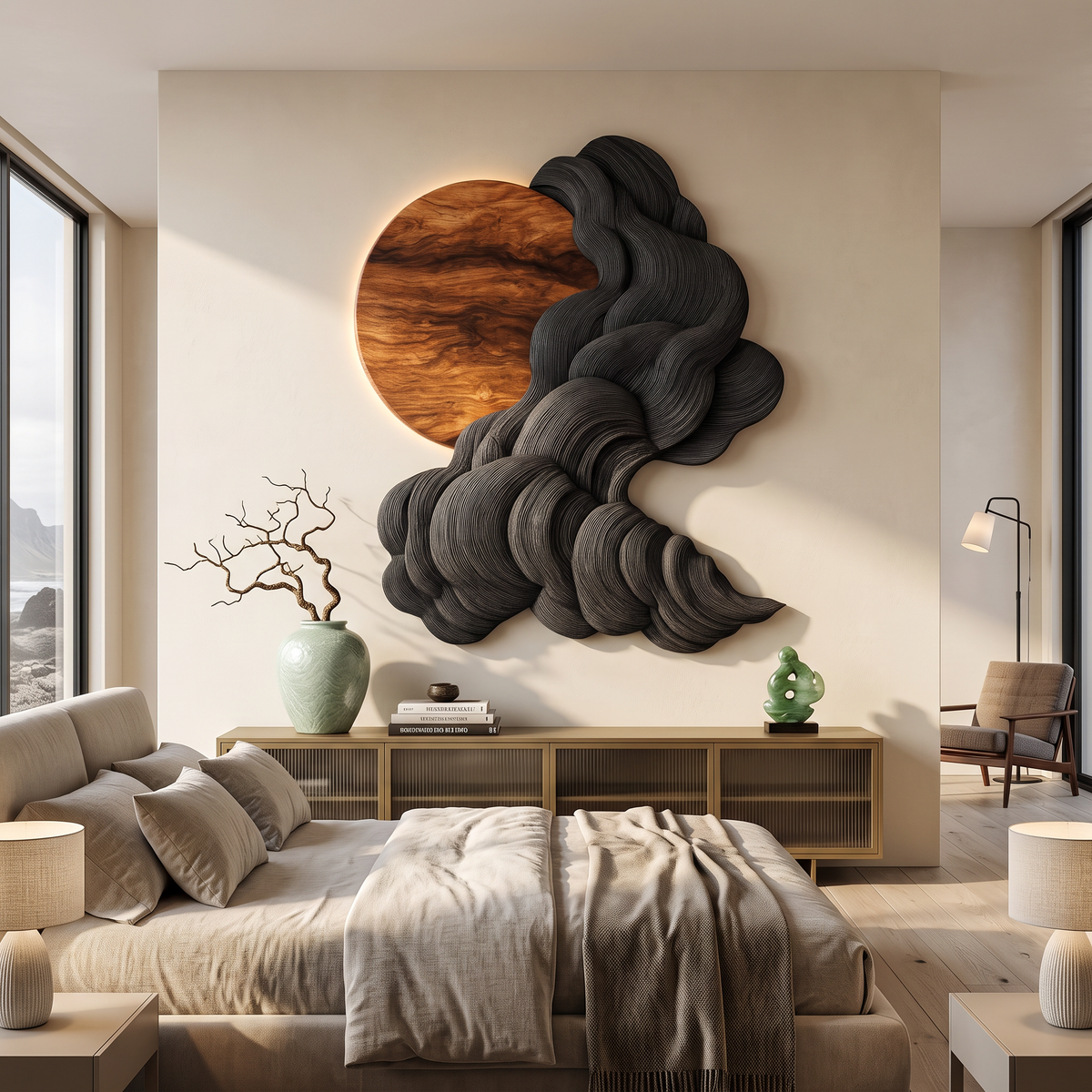 Wall Sculpture Solid Wood with Black Flowing Cloud Layers and Natural Wood Sun Design