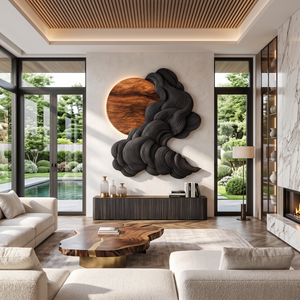 Wall Sculpture Solid Wood with Black Flowing Cloud Layers and Natural Wood Sun Design