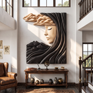 Wall Art Solid Wood Silent Muse with Flowing Hair and Mountain Landscape