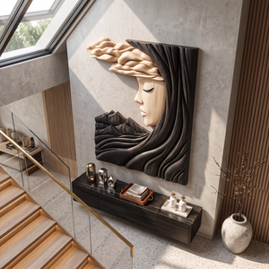 Wall Art Solid Wood Silent Muse with Flowing Hair and Mountain Landscape