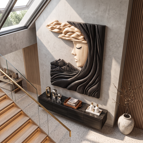 Wall Art Solid Wood Silent Muse with Flowing Hair and Mountain Landscape