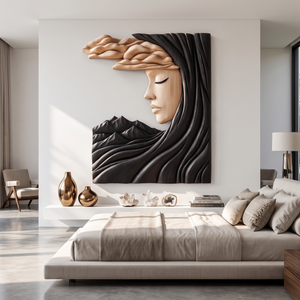 Wall Art Solid Wood Silent Muse with Flowing Hair and Mountain Landscape