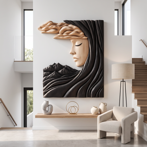 Wall Art Solid Wood Silent Muse with Flowing Hair and Mountain Landscape