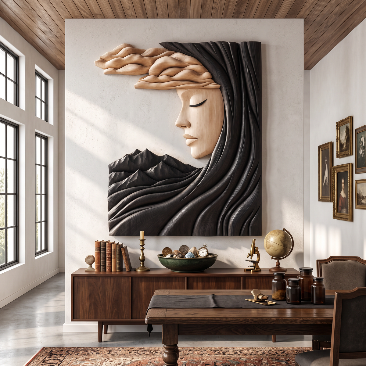 Wall Art Solid Wood Silent Muse with Flowing Hair and Mountain Landscape