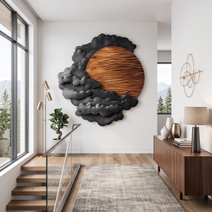 Sculptural Wall Art with Layered Black Clouds and Oversized Natural Wood Sun