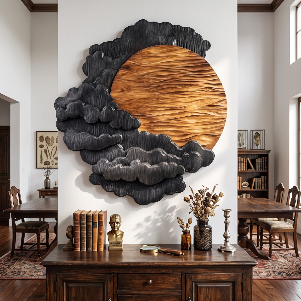 Sculptural Wall Art with Layered Black Clouds and Oversized Natural Wood Sun