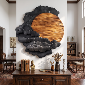 Sculptural Wall Art with Layered Black Clouds and Oversized Natural Wood Sun