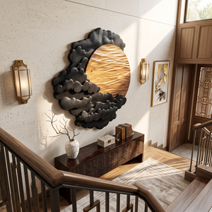 Sculptural Wall Art with Layered Black Clouds and Oversized Natural Wood Sun