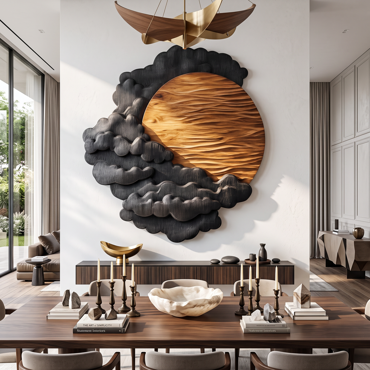 Sculptural Wall Art with Layered Black Clouds and Oversized Natural Wood Sun