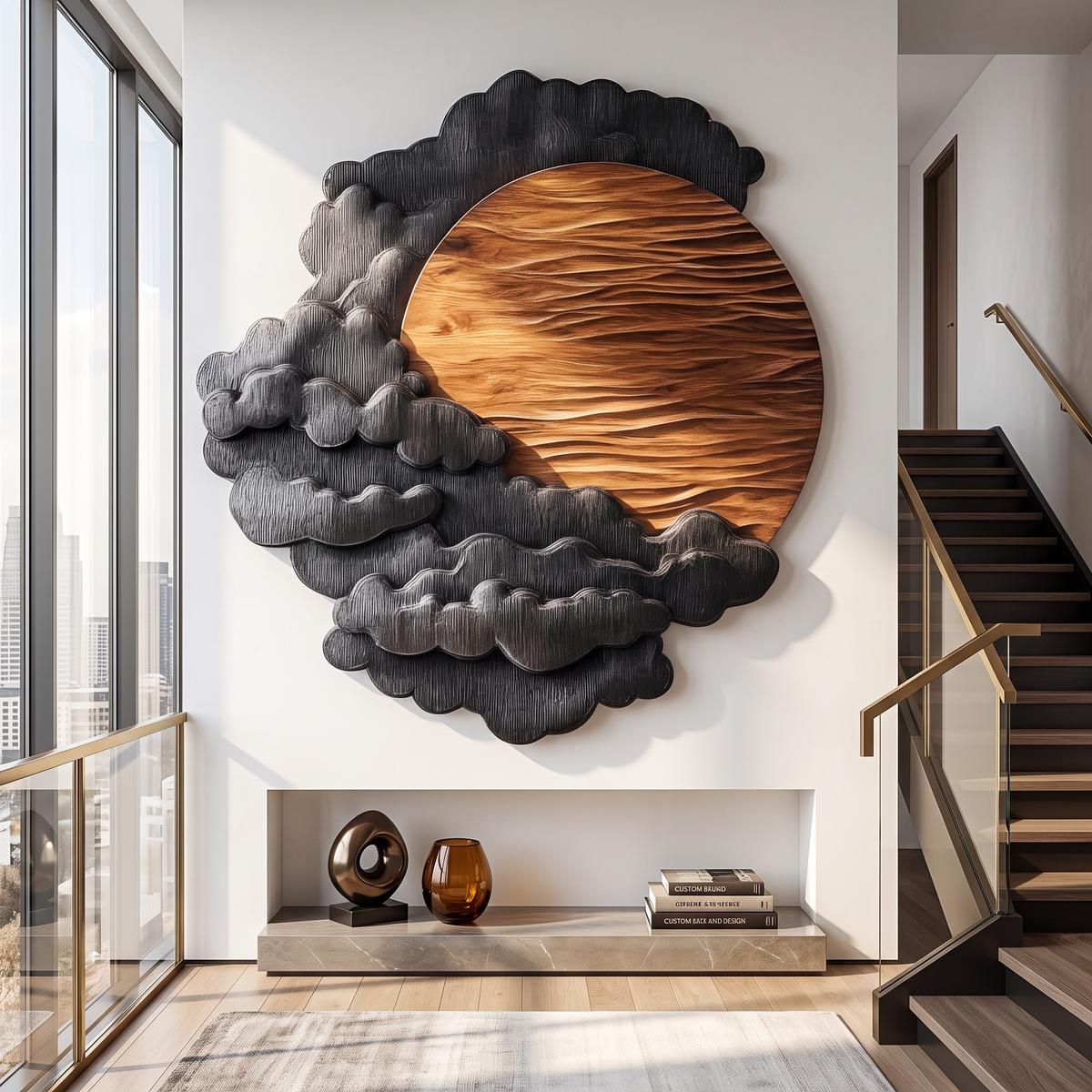 Sculptural Wall Art with Layered Black Clouds and Oversized Natural Wood Sun