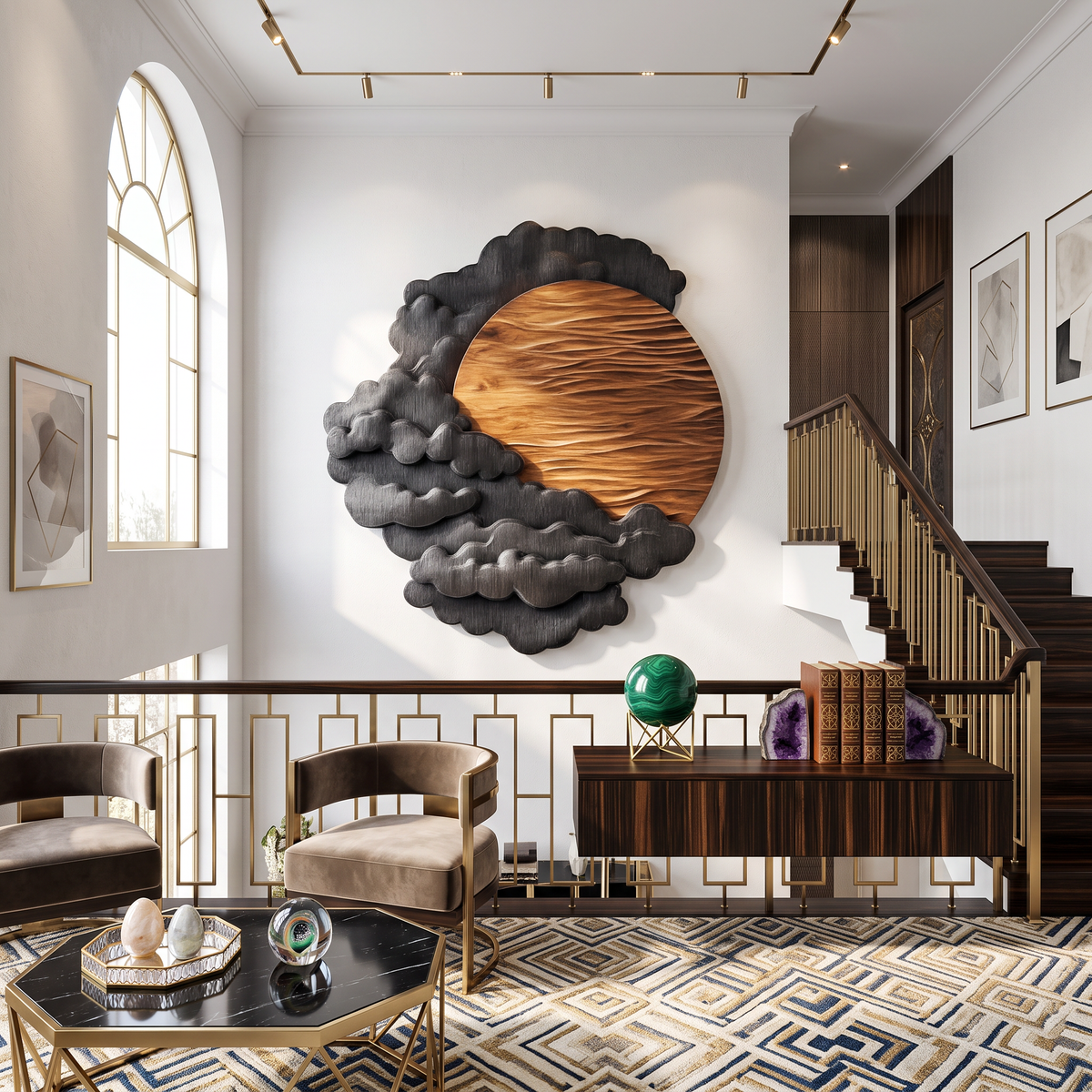 Sculptural Wall Art with Layered Black Clouds and Oversized Natural Wood Sun
