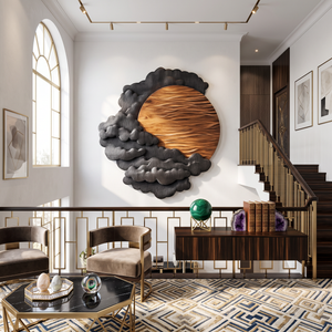 Sculptural Wall Art with Layered Black Clouds and Oversized Natural Wood Sun