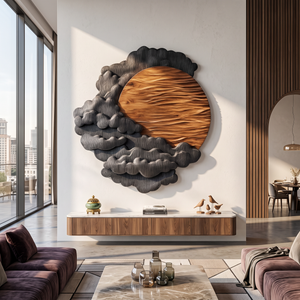 Sculptural Wall Art with Layered Black Clouds and Oversized Natural Wood Sun