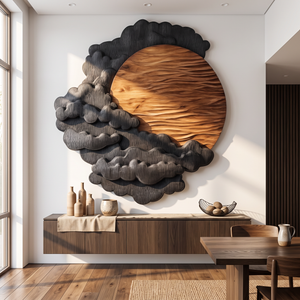 Sculptural Wall Art with Layered Black Clouds and Oversized Natural Wood Sun