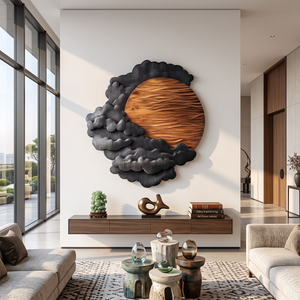 Sculptural Wall Art with Layered Black Clouds and Oversized Natural Wood Sun