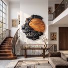 Sculptural Wall Art with Layered Black Clouds and Oversized Natural Wood Sun