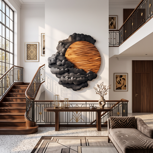 Sculptural Wall Art with Layered Black Clouds and Oversized Natural Wood Sun