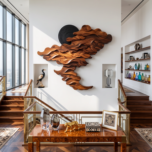 Wall Sculpture Solid Wood with Layered Flowing Wave Design and Black Sun Accent
