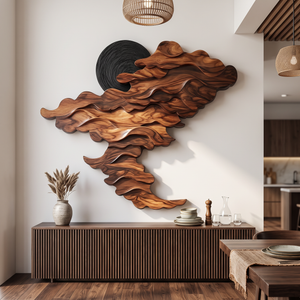 Wall Sculpture Solid Wood with Layered Flowing Wave Design and Black Sun Accent