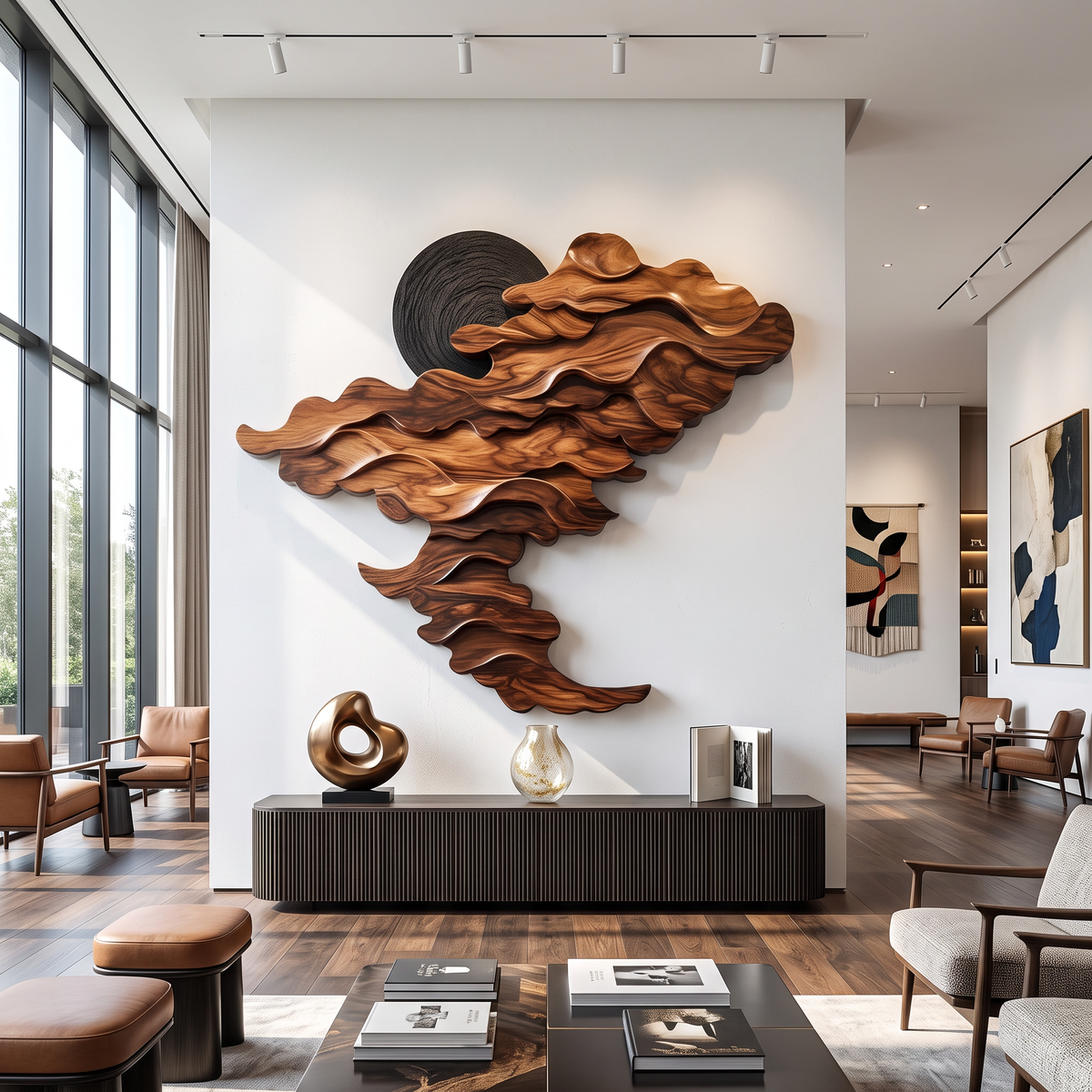 Wall Sculpture Solid Wood with Layered Flowing Wave Design and Black Sun Accent