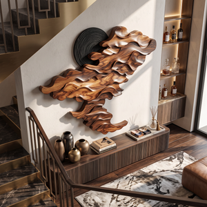 Wall Sculpture Solid Wood with Layered Flowing Wave Design and Black Sun Accent