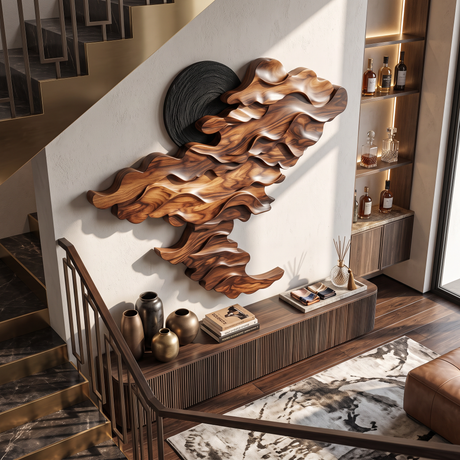 Wall Sculpture Solid Wood with Layered Flowing Wave Design and Black Sun Accent