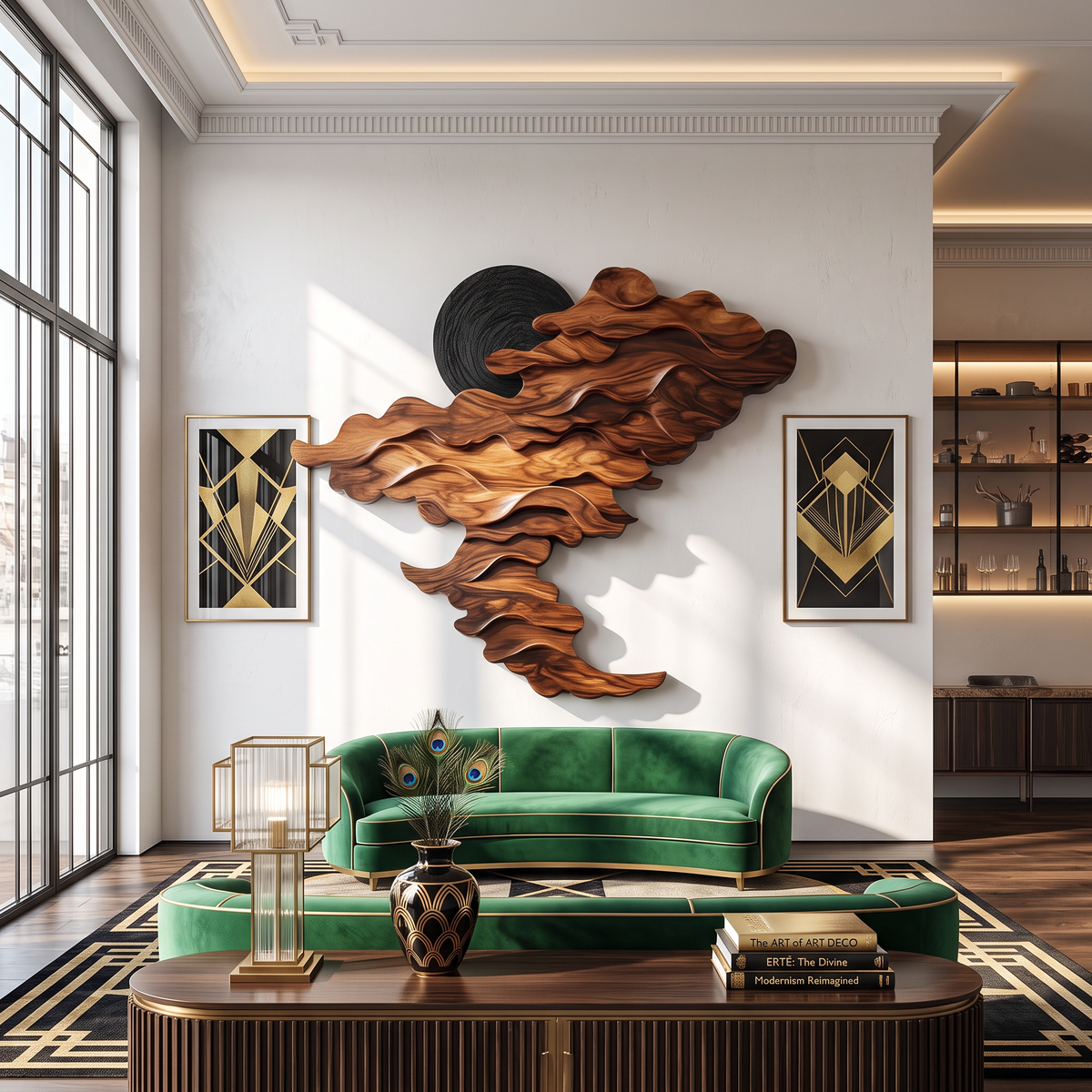 Wall Sculpture Solid Wood with Layered Flowing Wave Design and Black Sun Accent