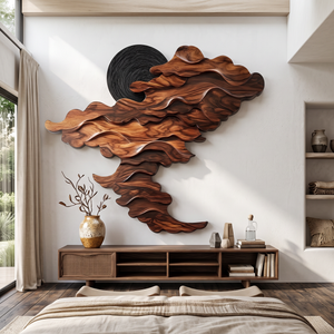 Wall Sculpture Solid Wood with Layered Flowing Wave Design and Black Sun Accent