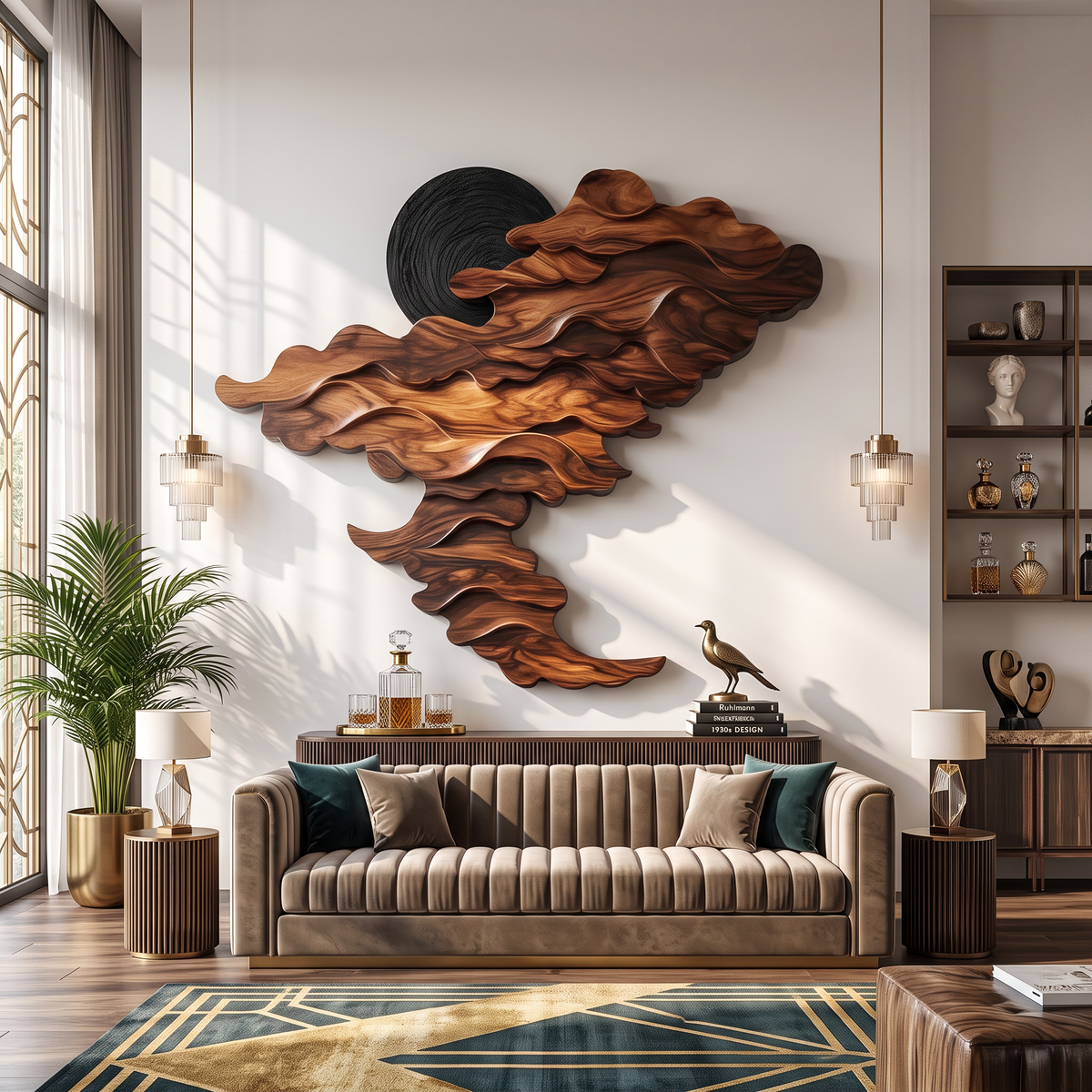 Wall Sculpture Solid Wood with Layered Flowing Wave Design and Black Sun Accent