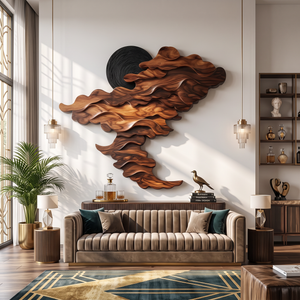 Wall Sculpture Solid Wood with Layered Flowing Wave Design and Black Sun Accent