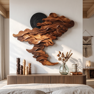 Wall Sculpture Solid Wood with Layered Flowing Wave Design and Black Sun Accent