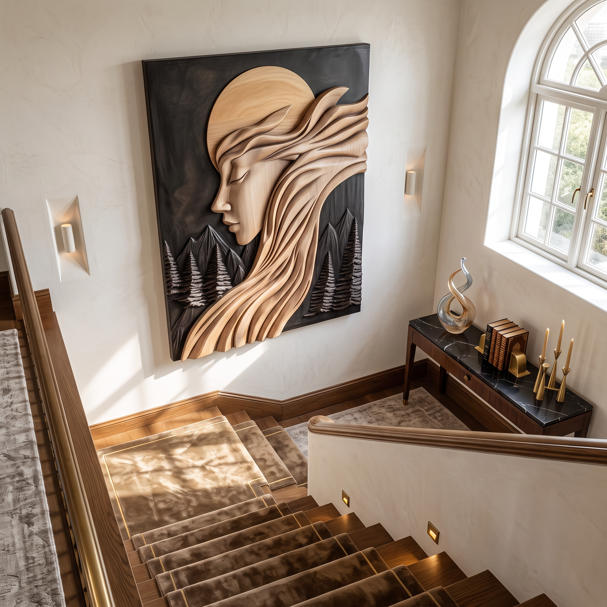 Moonlit Reverie Solid Wood Wall Art with Flowing Hair and Forest Landscape