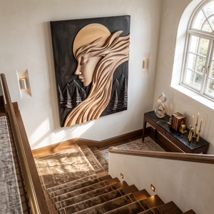 Moonlit Reverie Solid Wood Wall Art with Flowing Hair and Forest Landscape