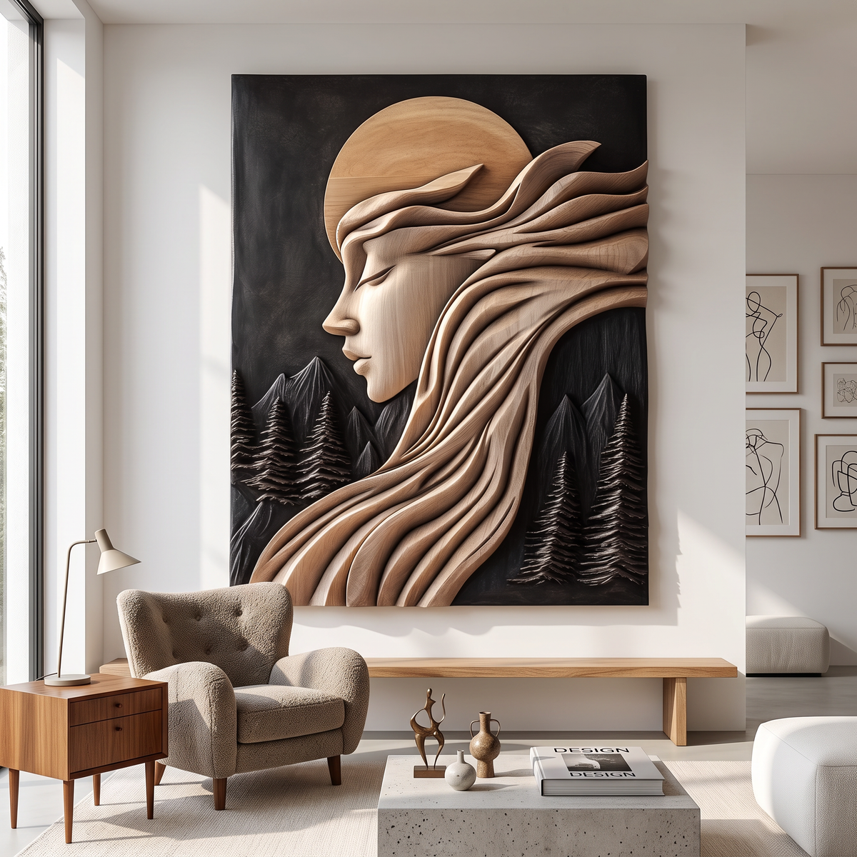 Moonlit Reverie Solid Wood Wall Art with Flowing Hair and Forest Landscape