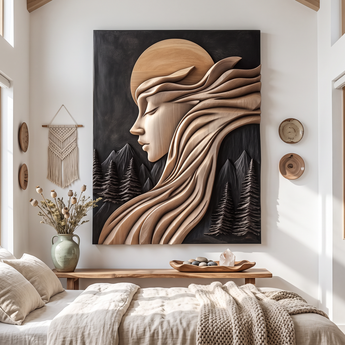 Moonlit Reverie Solid Wood Wall Art with Flowing Hair and Forest Landscape